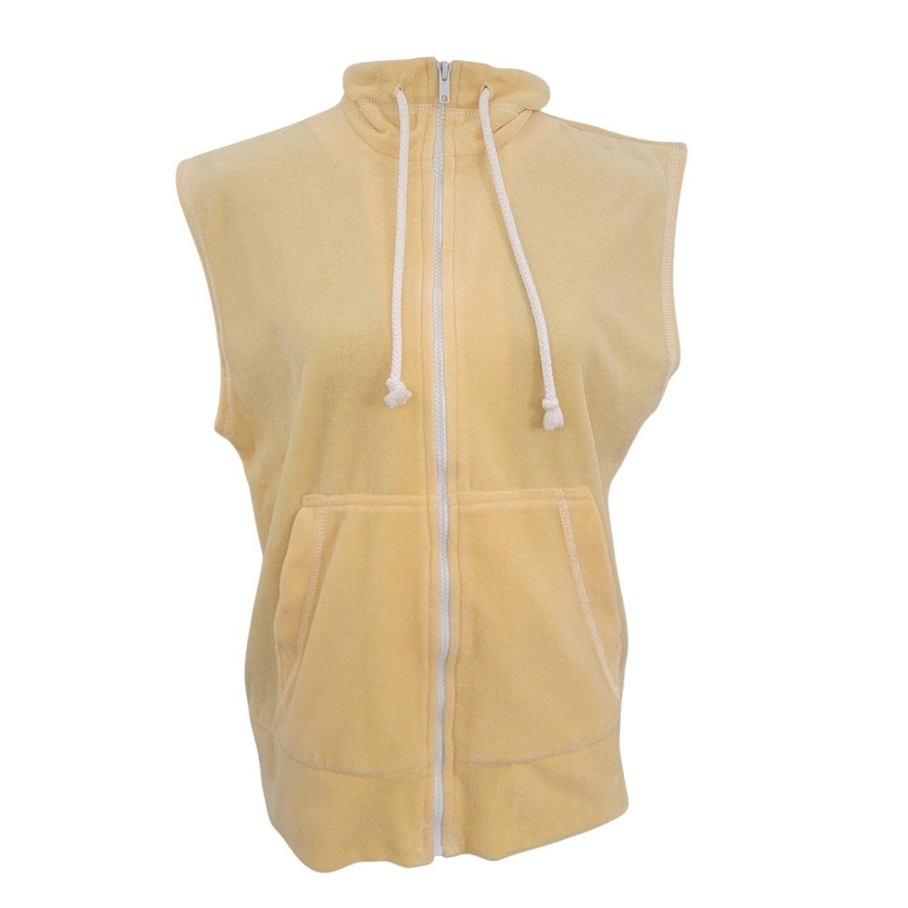 Y2K VTG Claudia B. Butter Yellow Velour Sleeveless Zip Hoodie Vest Medium U.S.A.